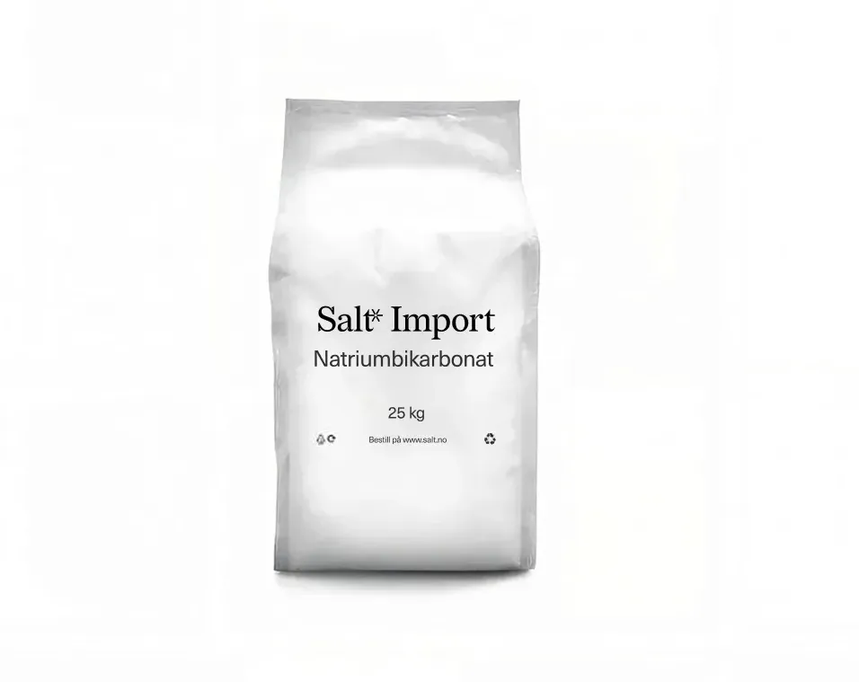 Hvit 25 kg sekk med natriumbikarbonat fra Salt Import.